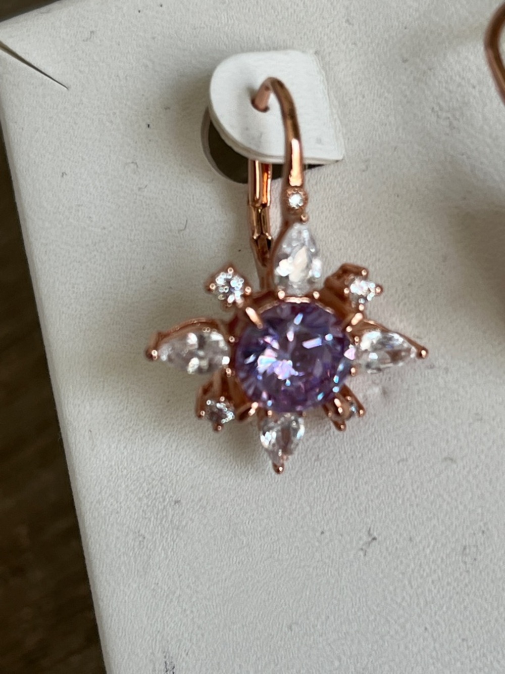 Rose Gold plated Floral Earrings with Lavender CZ Crystal Center - Picture 5 of 10